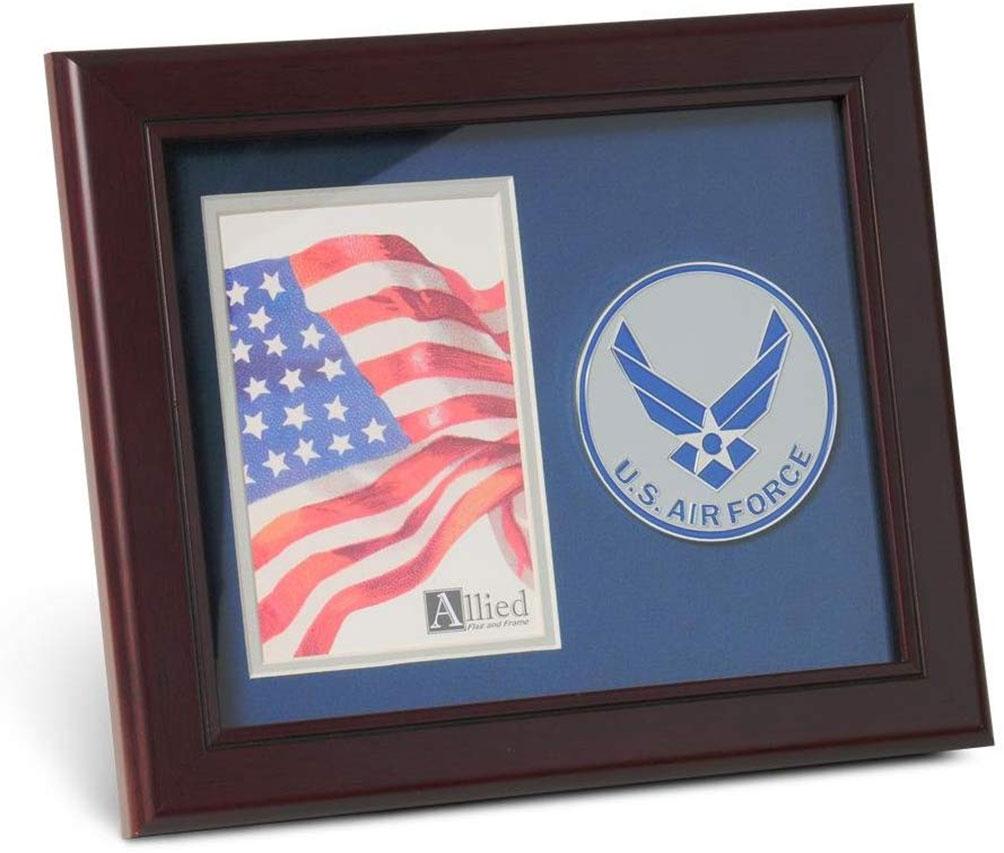 Aim High Air Force Medallion Picture Frame with blue matting and grey trim, holding a 4x6 inch photo.